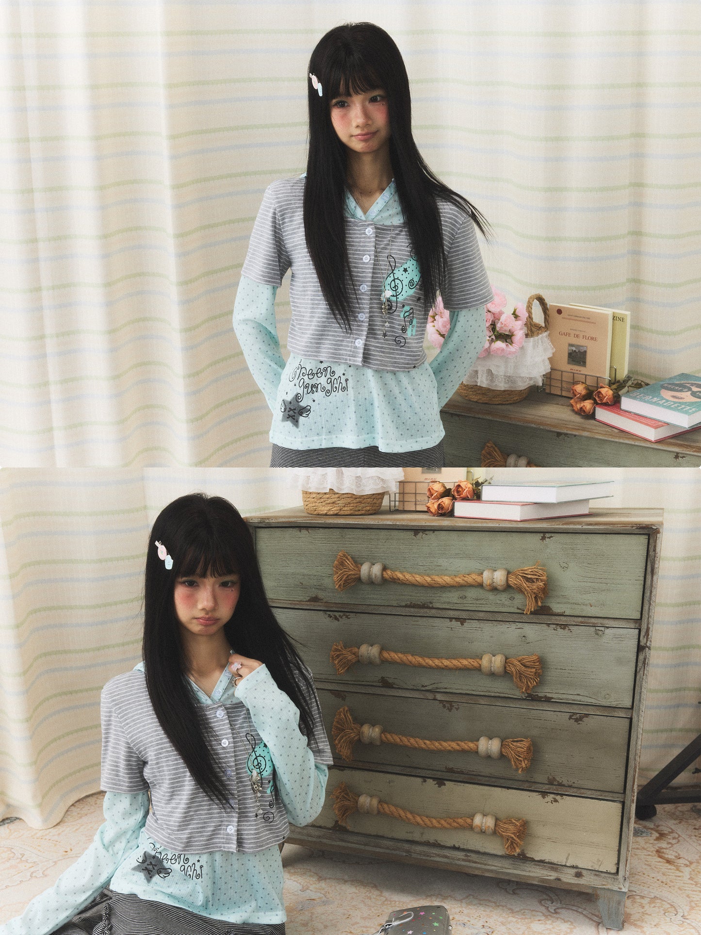 Mint Melody Faux-Layer Hooded Long-Sleeve Top