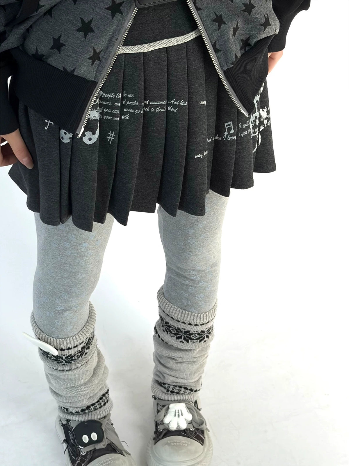 Music Note Rolled-Waist Pleated Mini Skirt