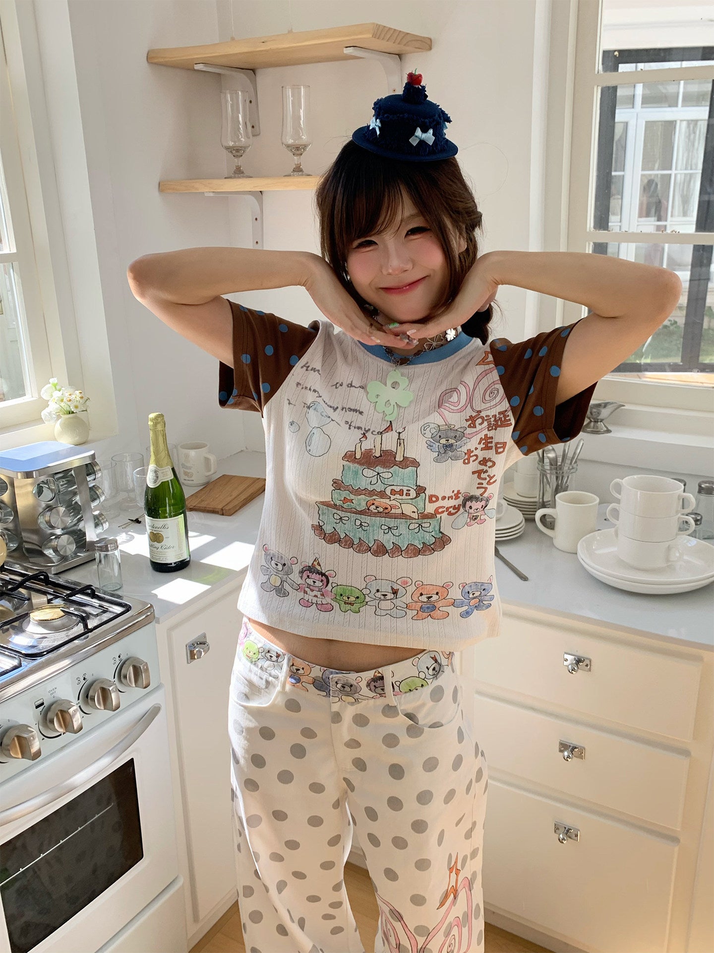 Happy Birthday Bear Gray Polka Dot Wide-Leg Pants