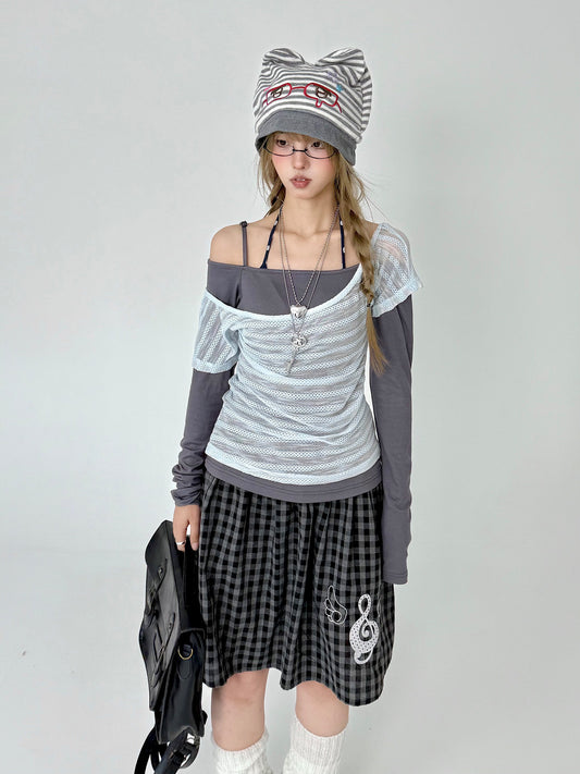 Asymmetric Mesh Faux-Layered Long Sleeve Top