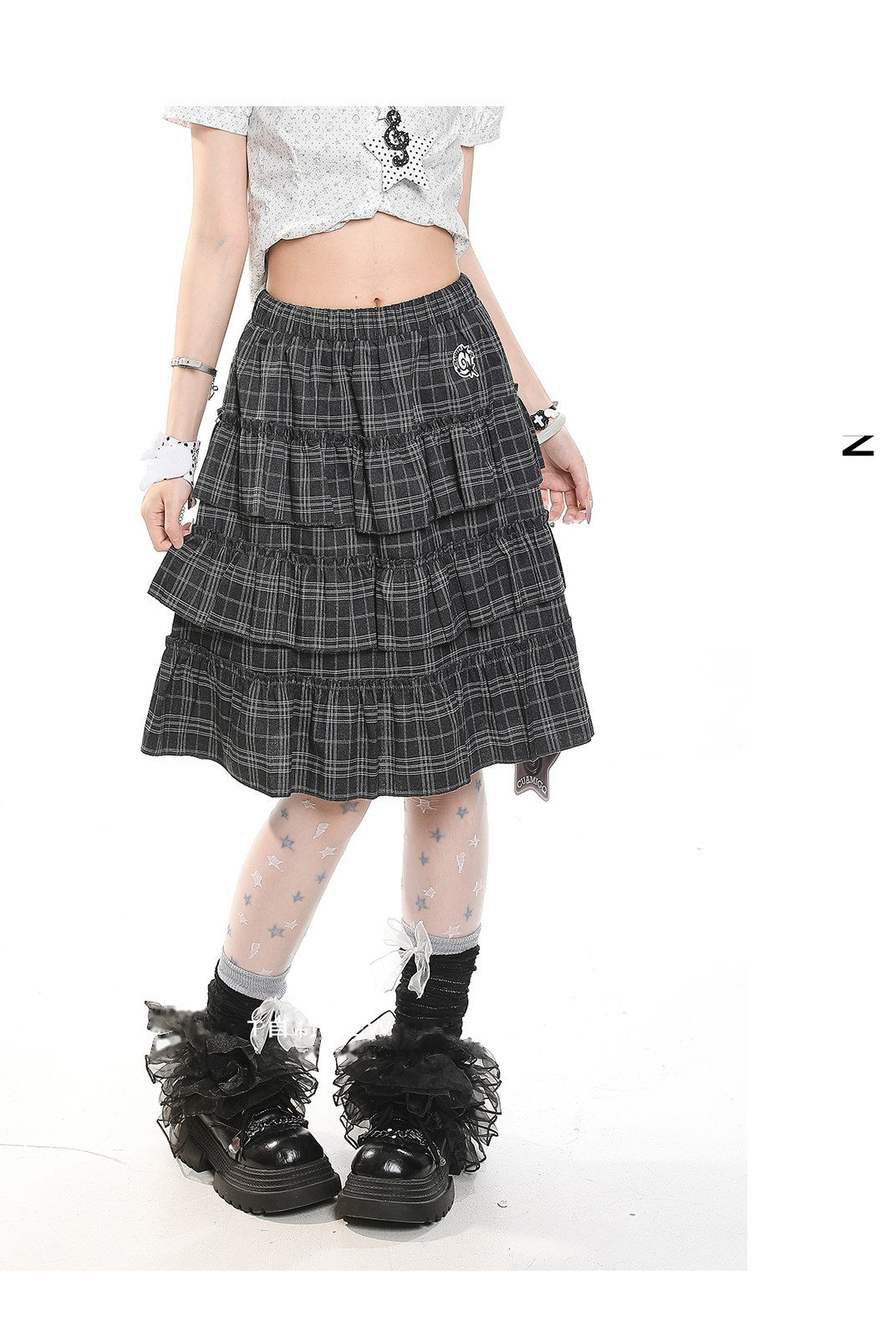 Vintage Gray Plaid Tiered Ruffle Midi Skirt