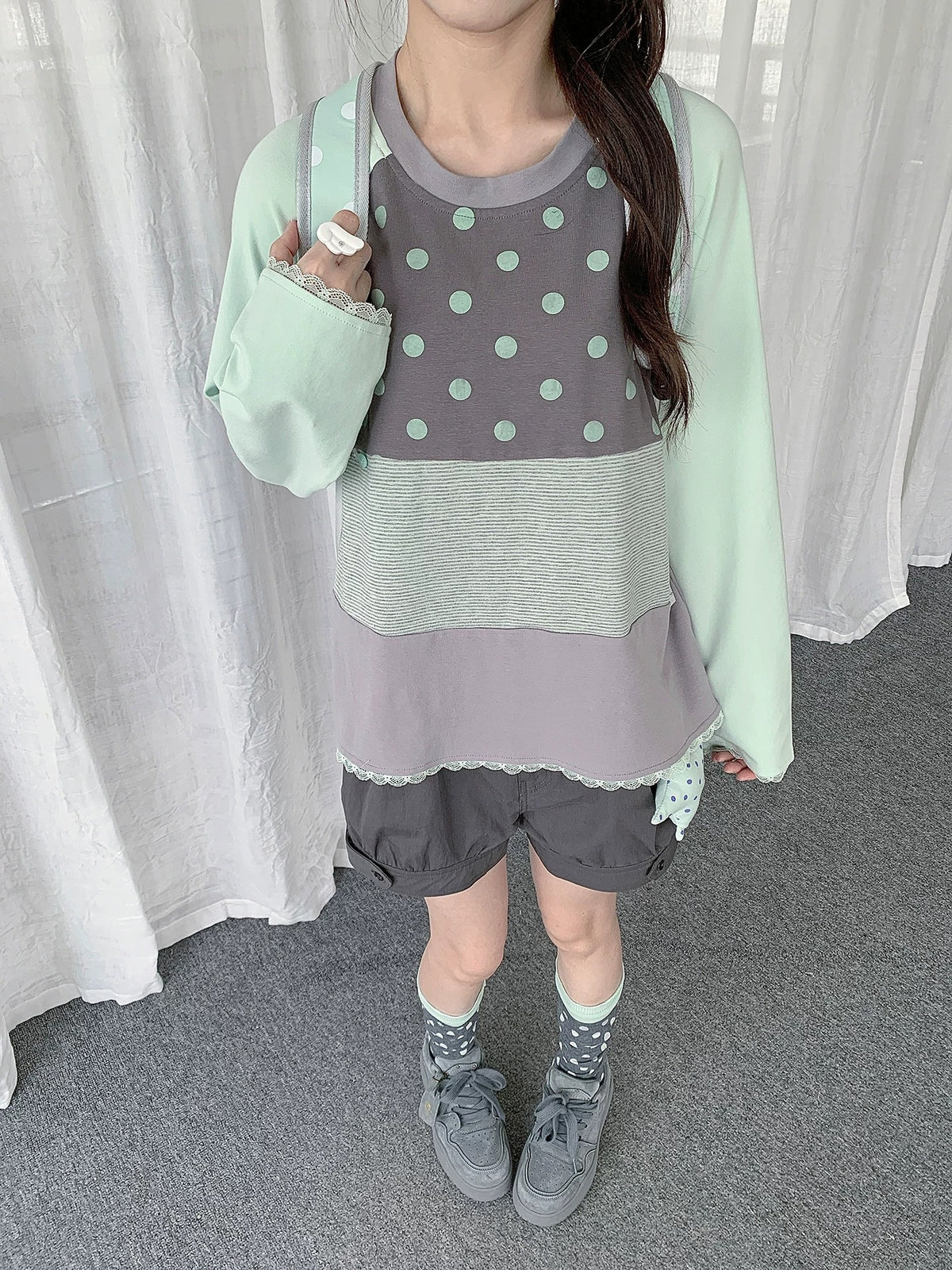 Polka Dot Stripe Lace-Trim Patchwork Long Sleeve Top