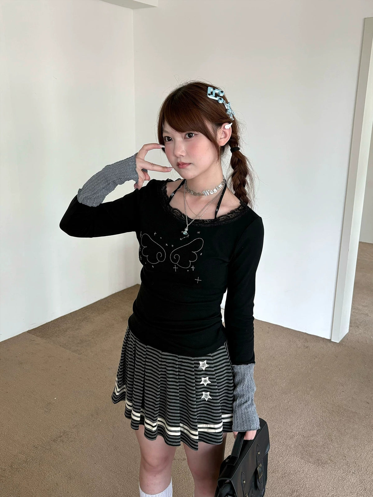 Charcoal Striped Star Pleated Mini Skirt
