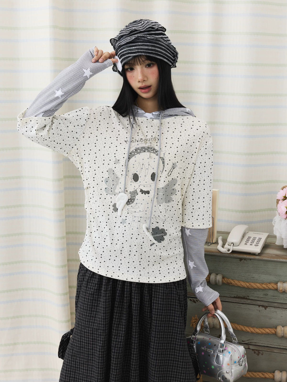 Cartoon Star Print Faux-Layer Hooded Top