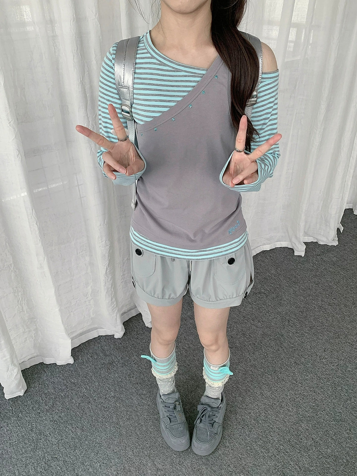 Gray Mint Stripe Asymmetric Faux-Layer Long Sleeve Top