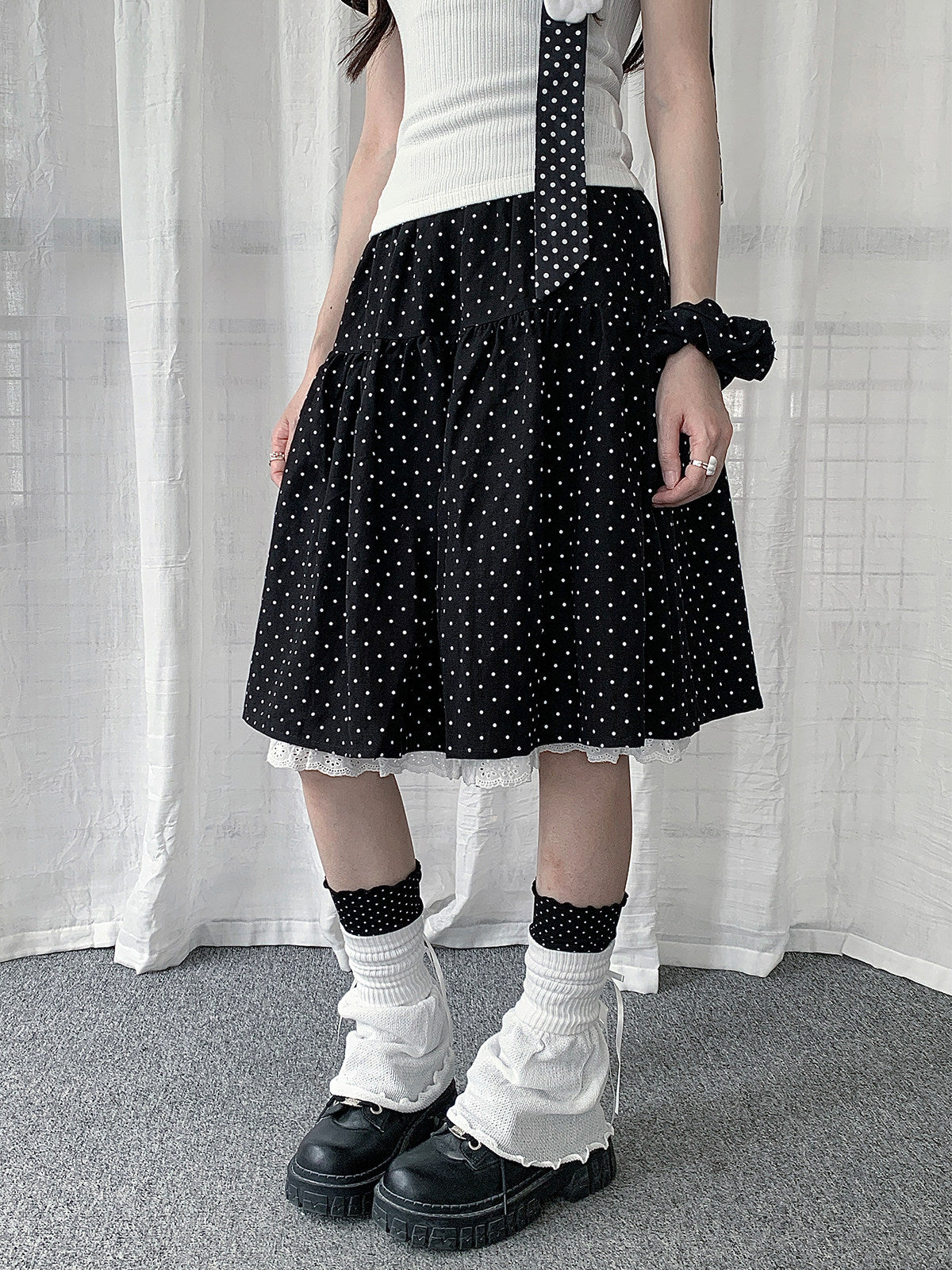 Black Polka Dot Lace-Trim Midi Skirt
