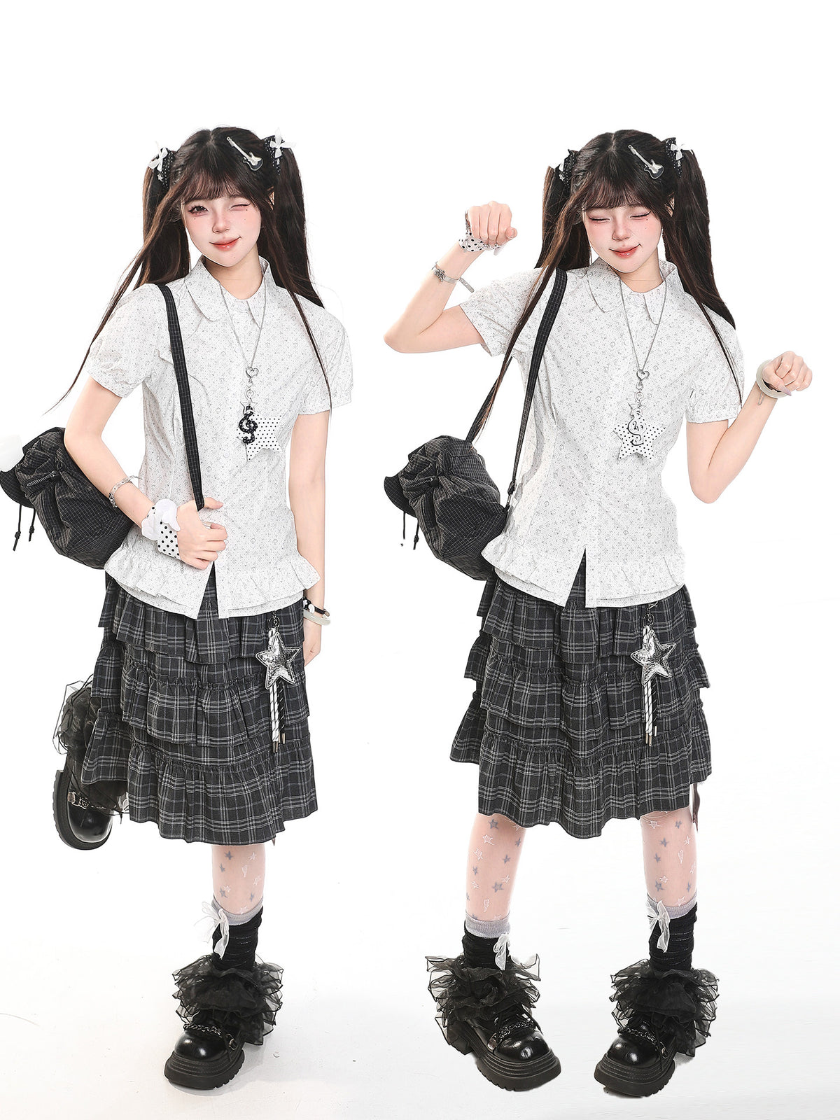 Vintage Gray Plaid Tiered Ruffle Midi Skirt