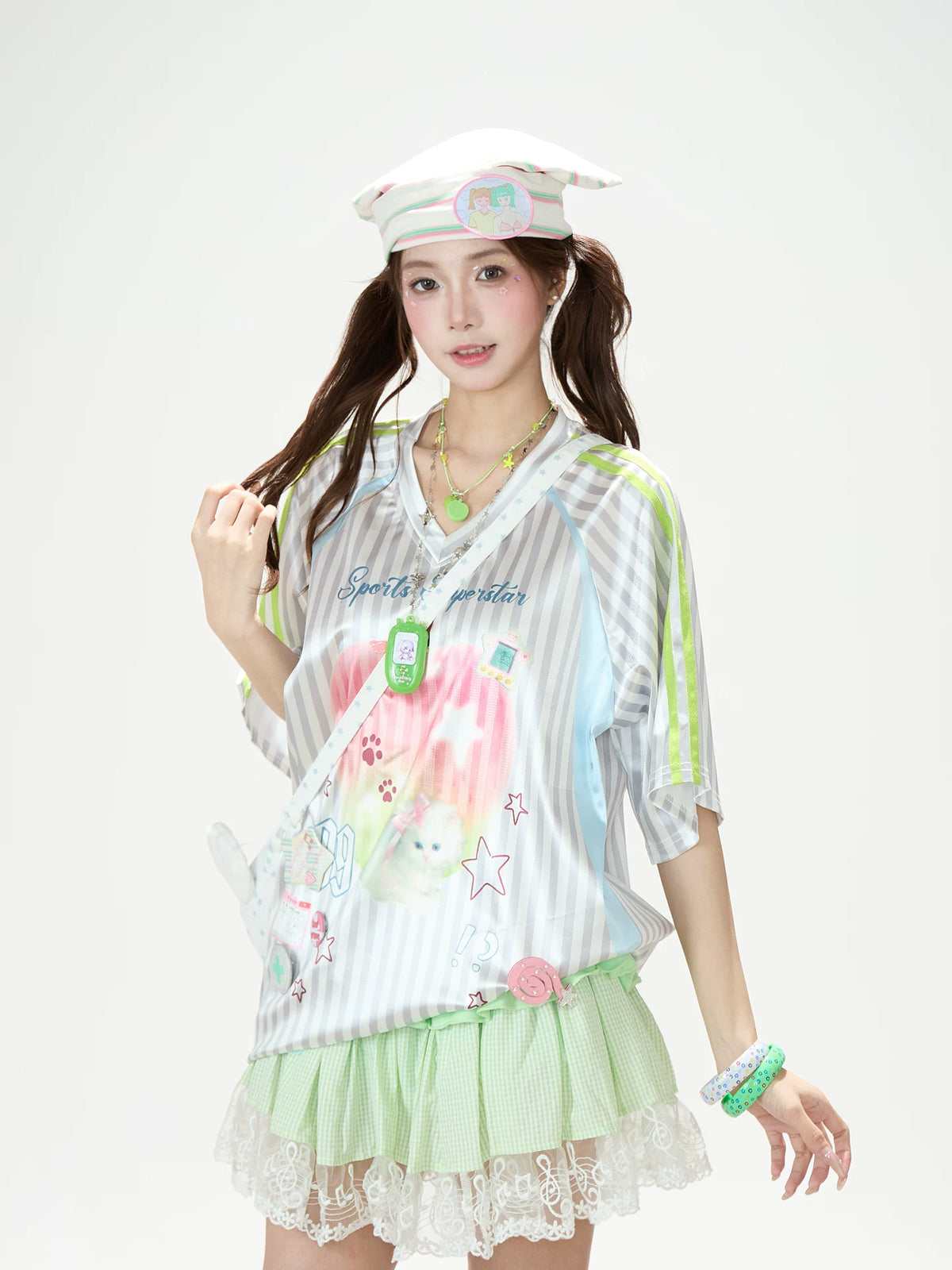 Striped Kitty Graphic V-Neck Tee & Layered Gingham Ruffle Skirt