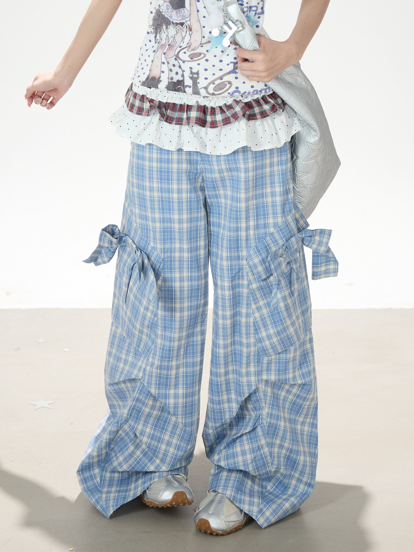 Bow Plaid Cargo Wide Leg Pants