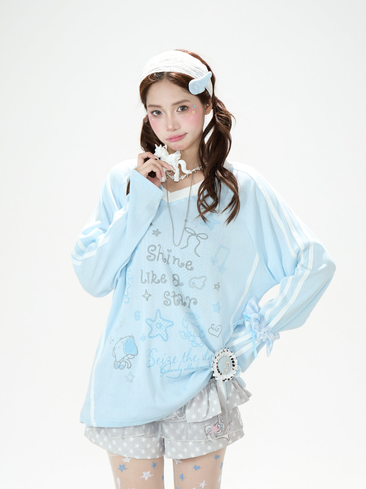Dreamy Doodle V-Neck Long Sleeve Top & Polka Dot Tiered Ruffle Skirt