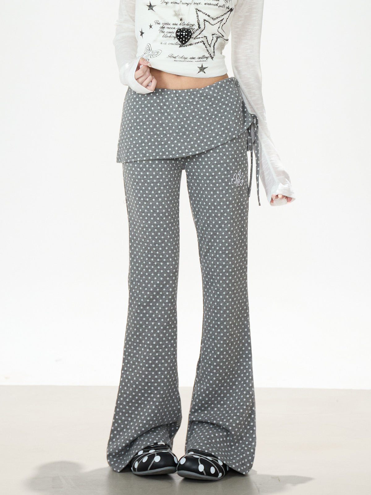 Polka Dot Wrap-Panel Flare Pants