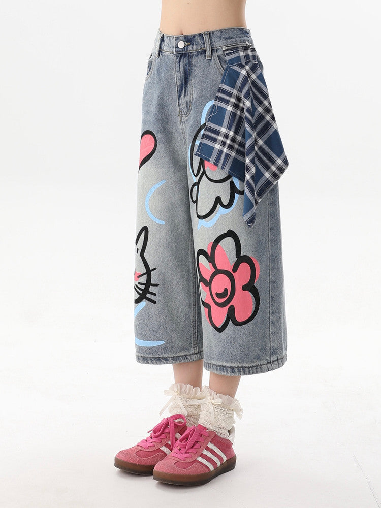 Doodle Art Cropped Wide-Leg Jeans