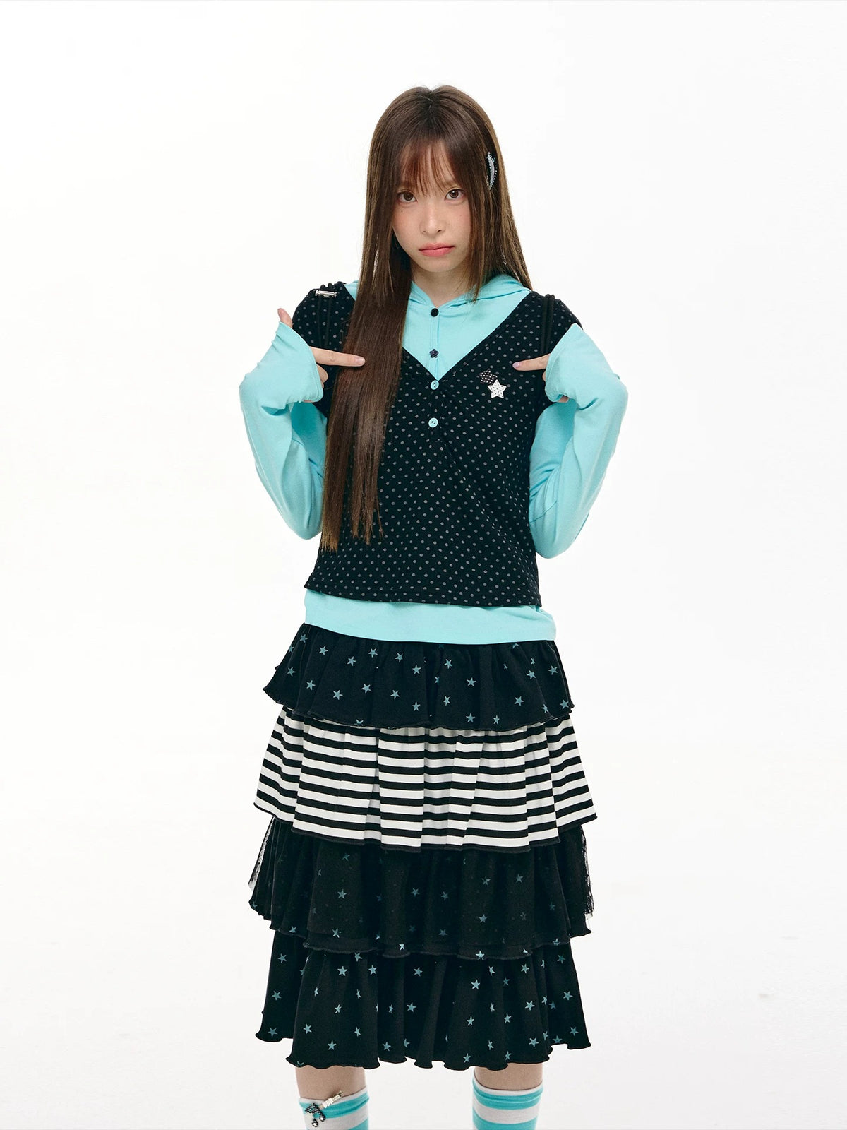 Polka Dot Faux-Layer Hooded Long Sleeve Top