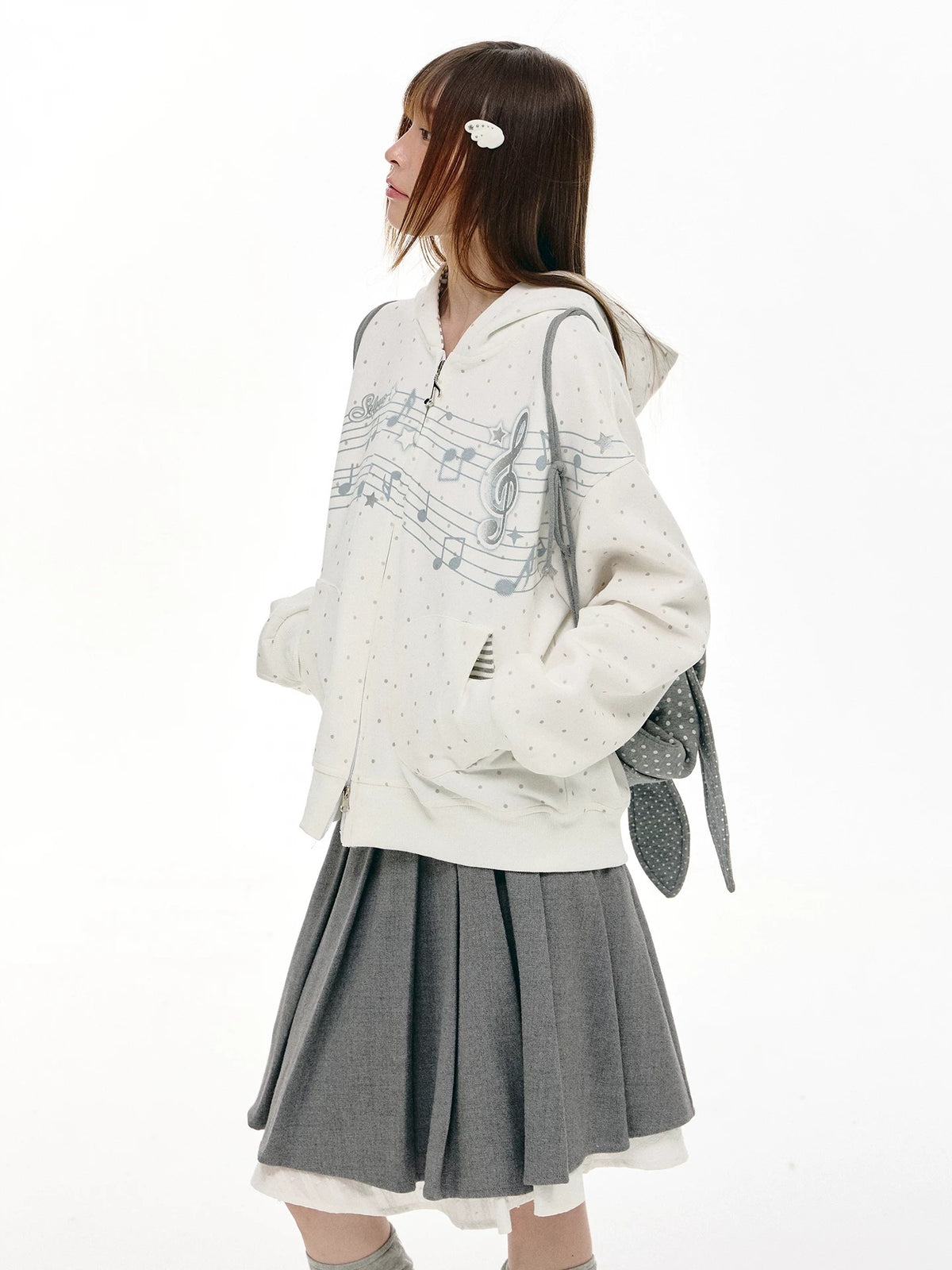 Gray Melody Polka Dot Graphic Zip Hoodie