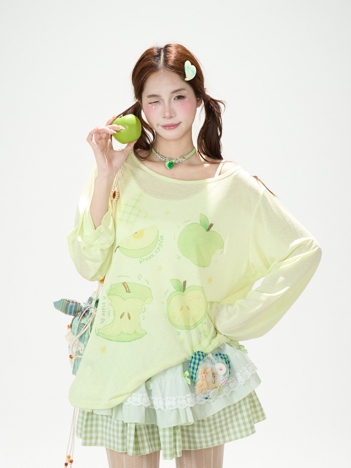 Green Apple Sheer Top & Plaid Doodle Pants