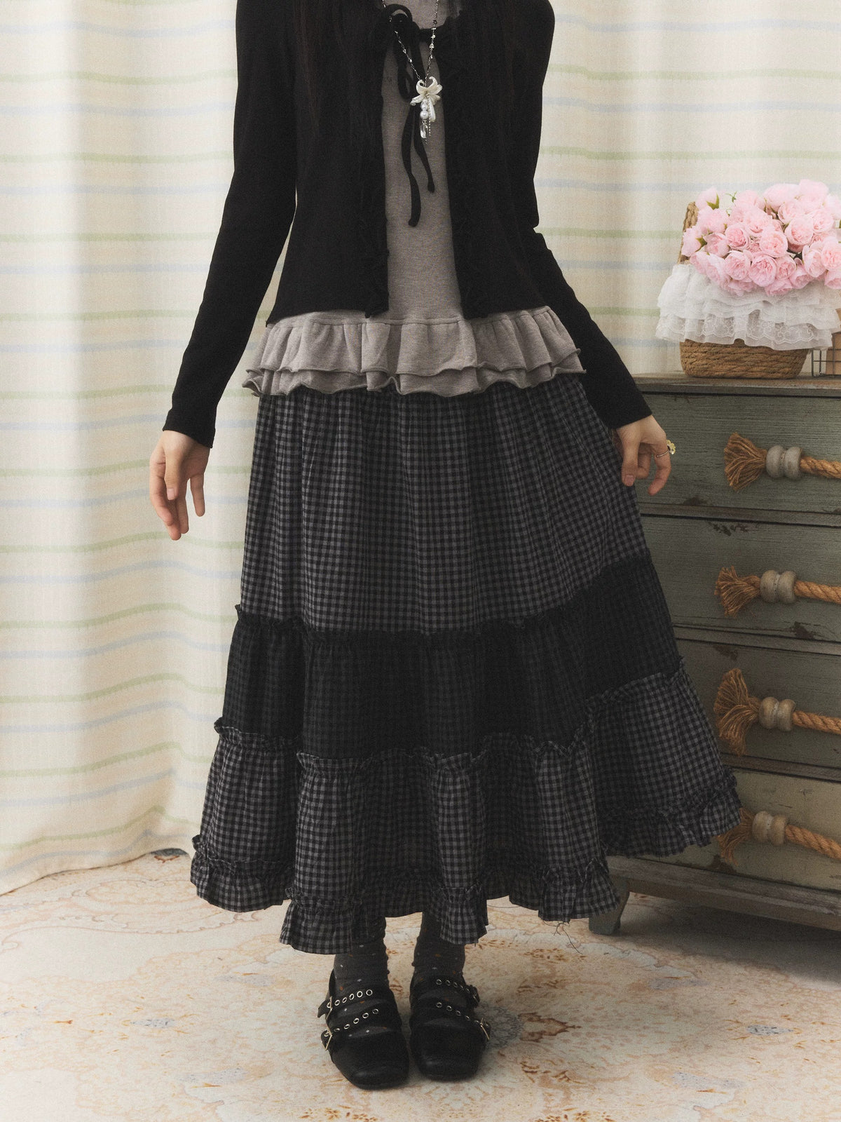 Mixed Plaid Tiered Ruffle Midi Skirt
