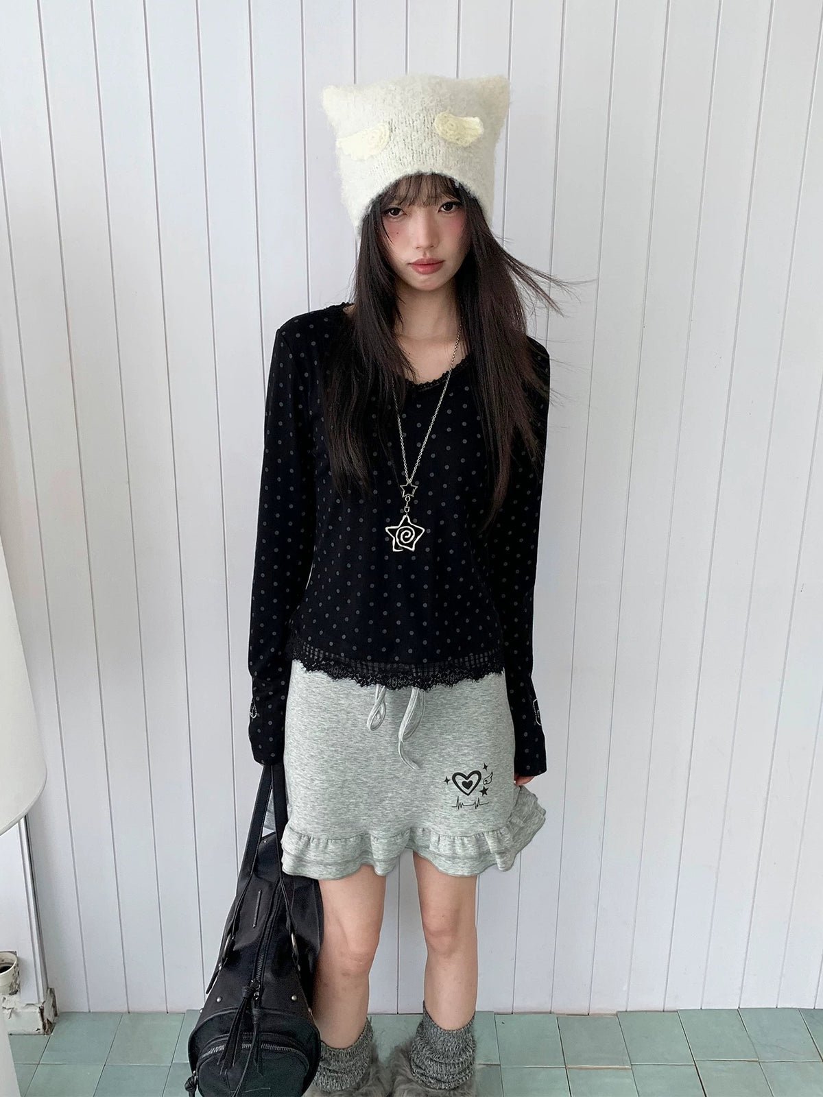 Heart Pulse Drawstring Ruffle Mini Skirt