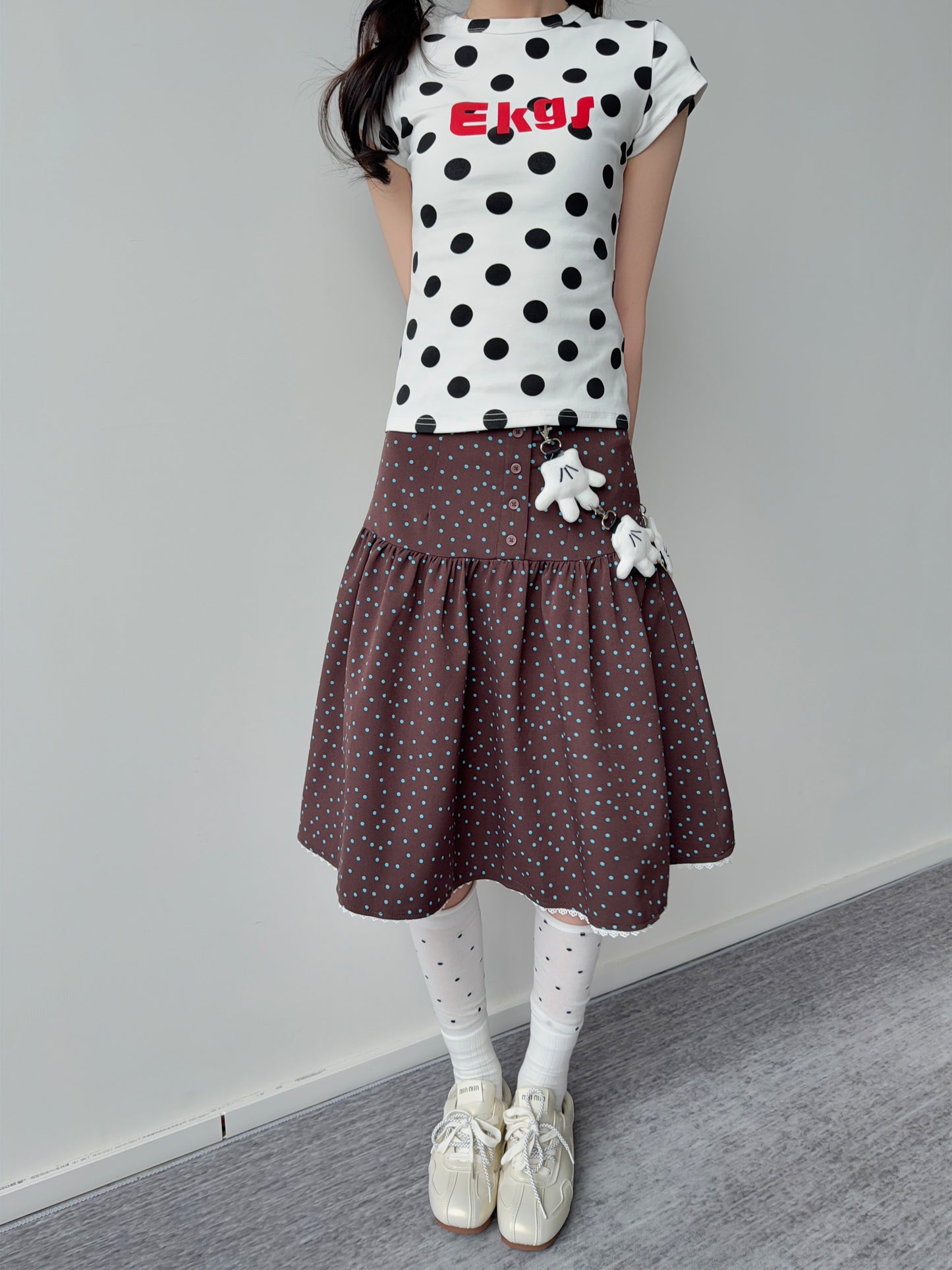 Polka Dot Button Tiered Midi Skirt