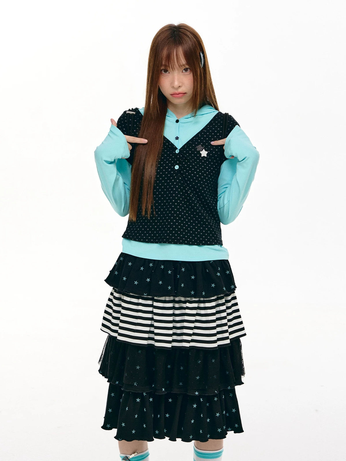 Star Stripe Tiered Ruffle Midi Skirt