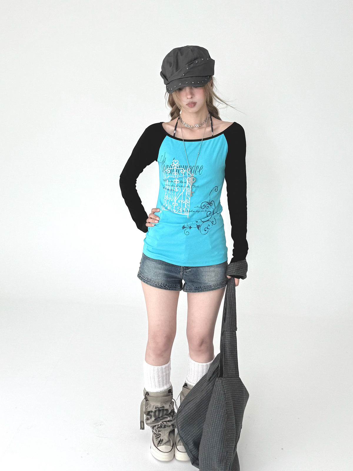 Aqua Contrast Graphic Raglan Long Sleeve Top