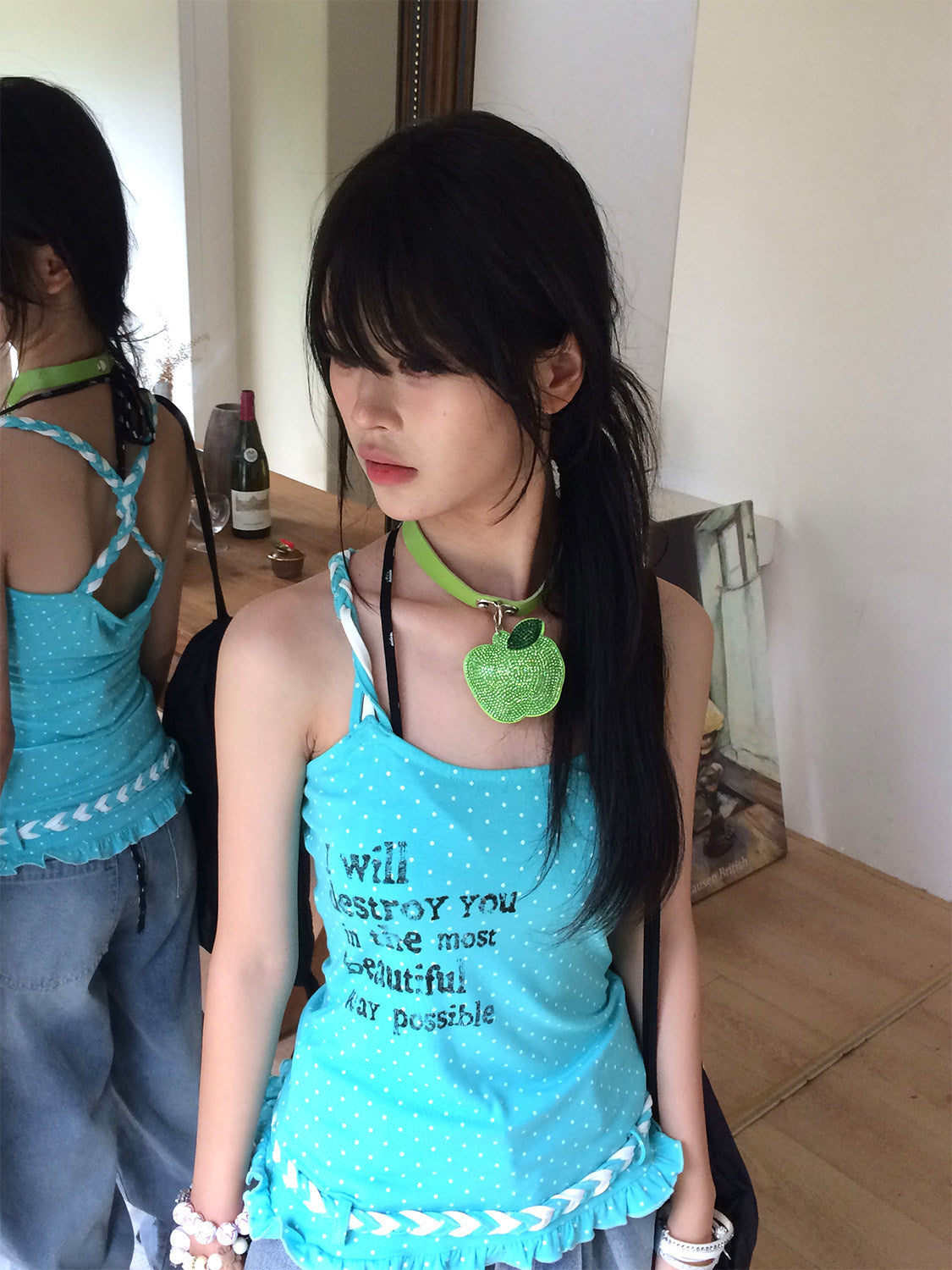 Aqua Polka Dot Braided Ruffle Tank Top