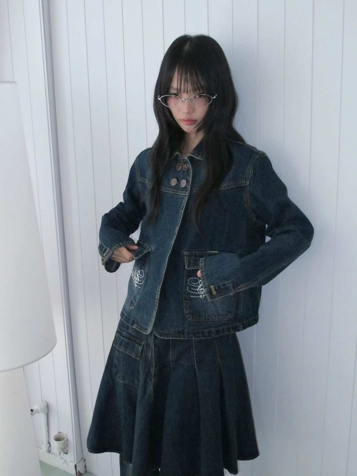 Washed Denim Music-Note Embroidered Jacket