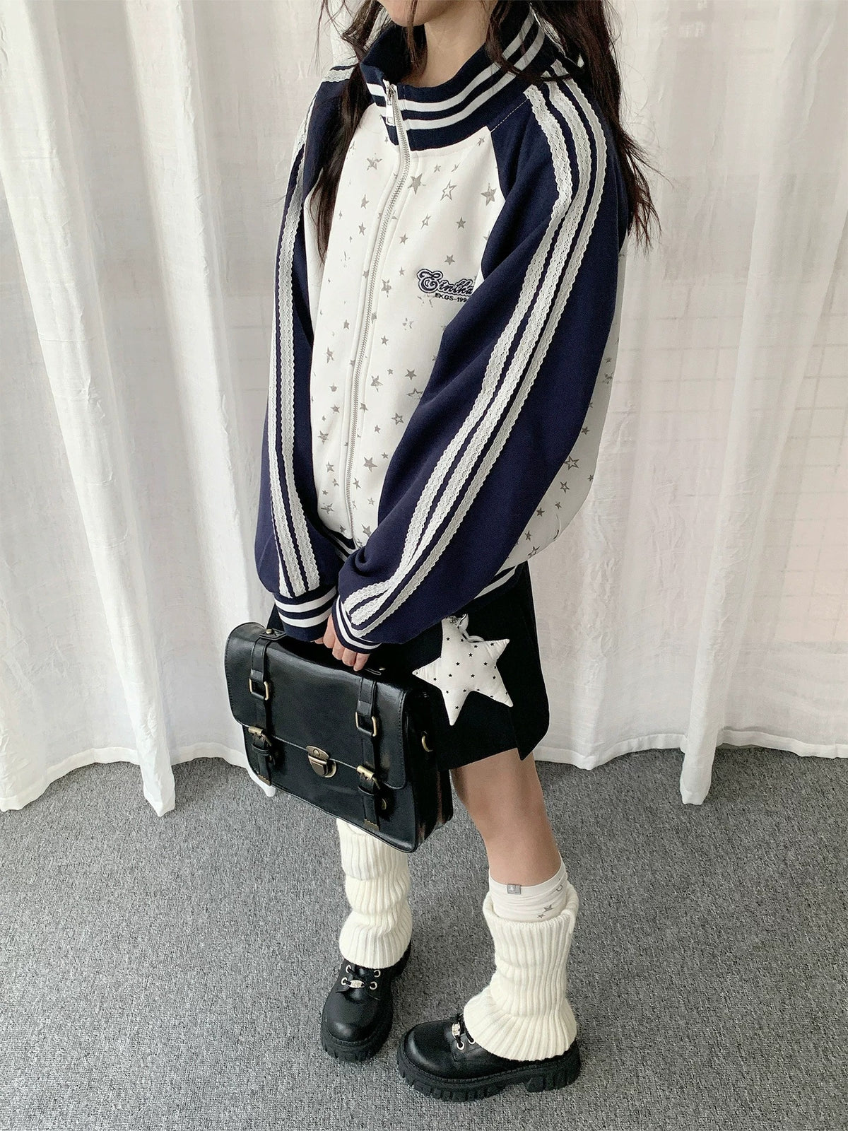Star Print Contrast Zip-Up Track Jacket