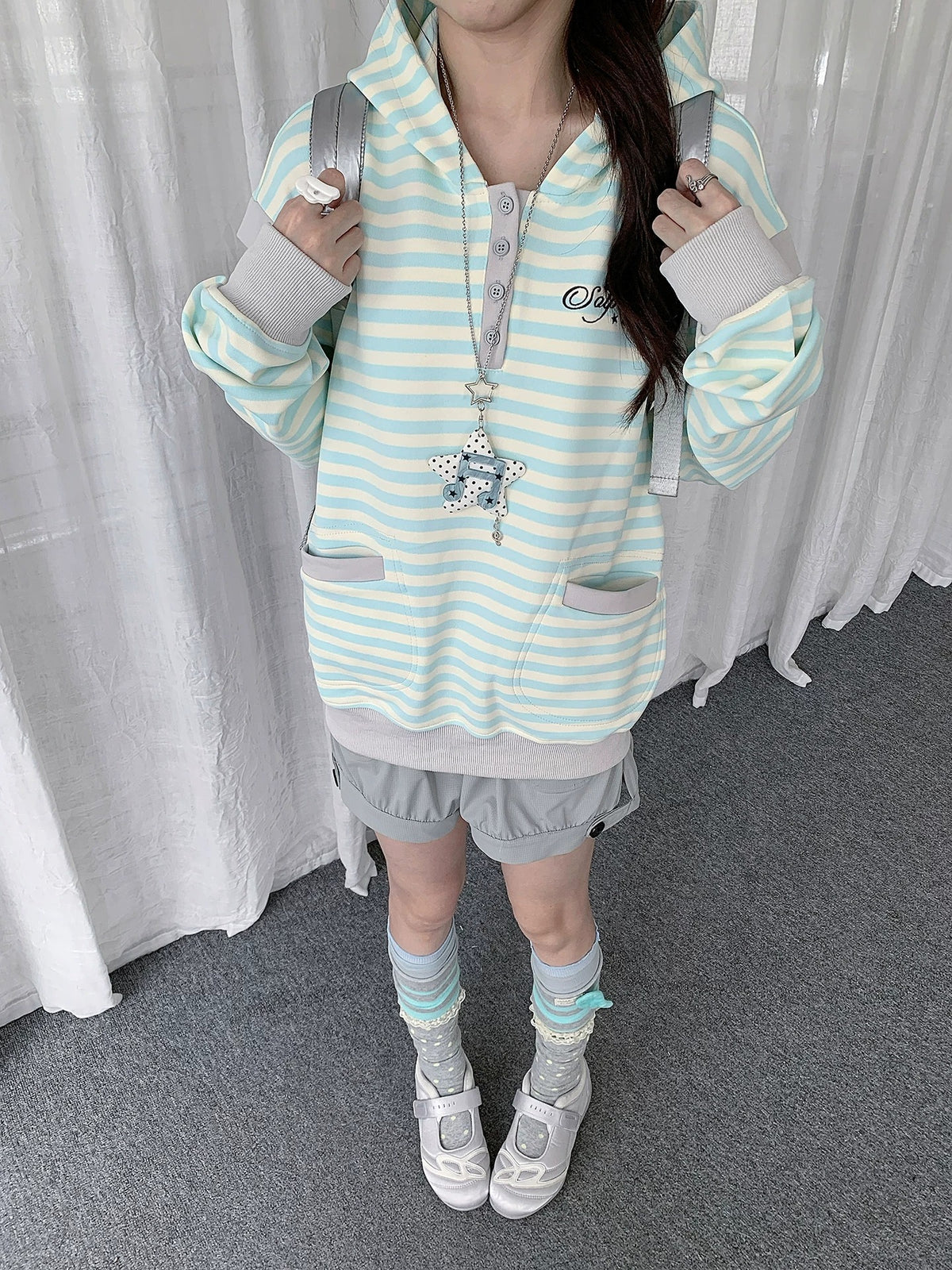 Striped Half-Placket Hooded Pullover