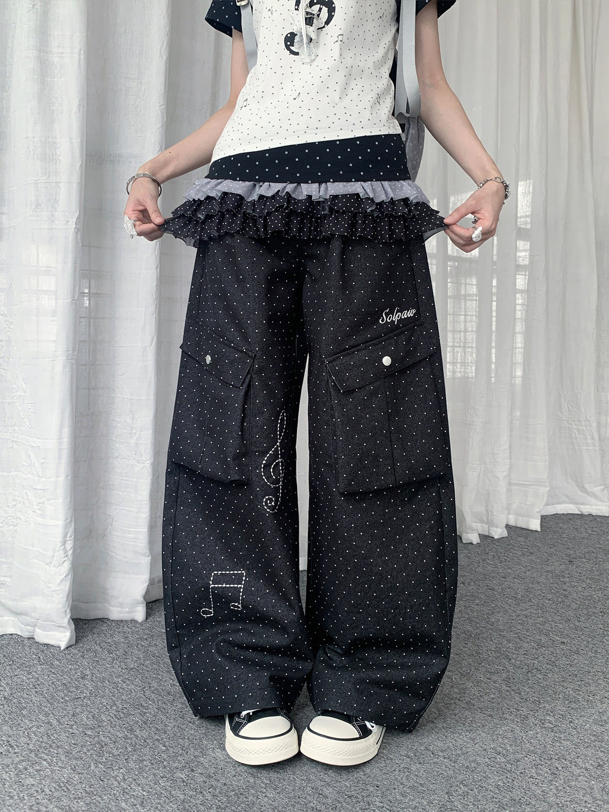 Polka Dot Music Note Embroidered Cargo Pants