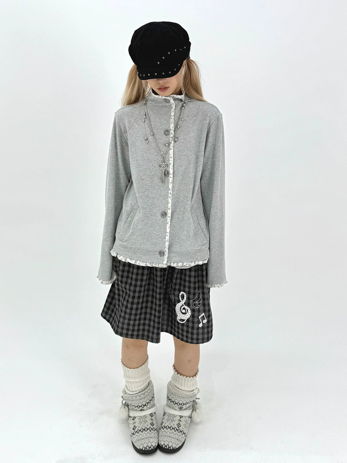 Floral-Trim Stand Collar Button Cardigan