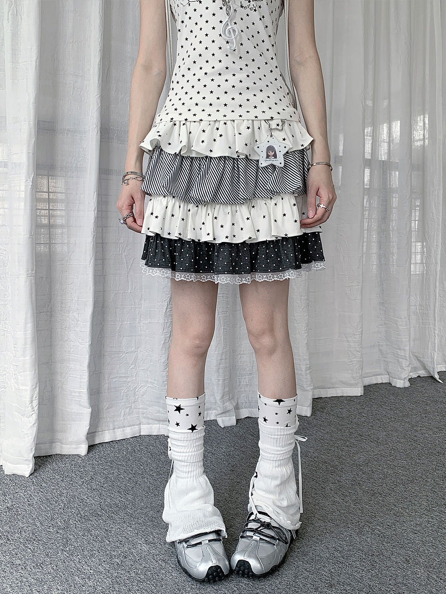 Starry Polka Dot Tiered Ruffle Mini Skirt