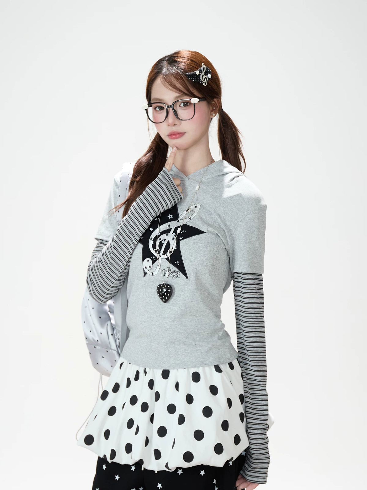 Music Note Star Layered Hoodie Top & Polka Dot Tie-Waist Wide-Leg Pants