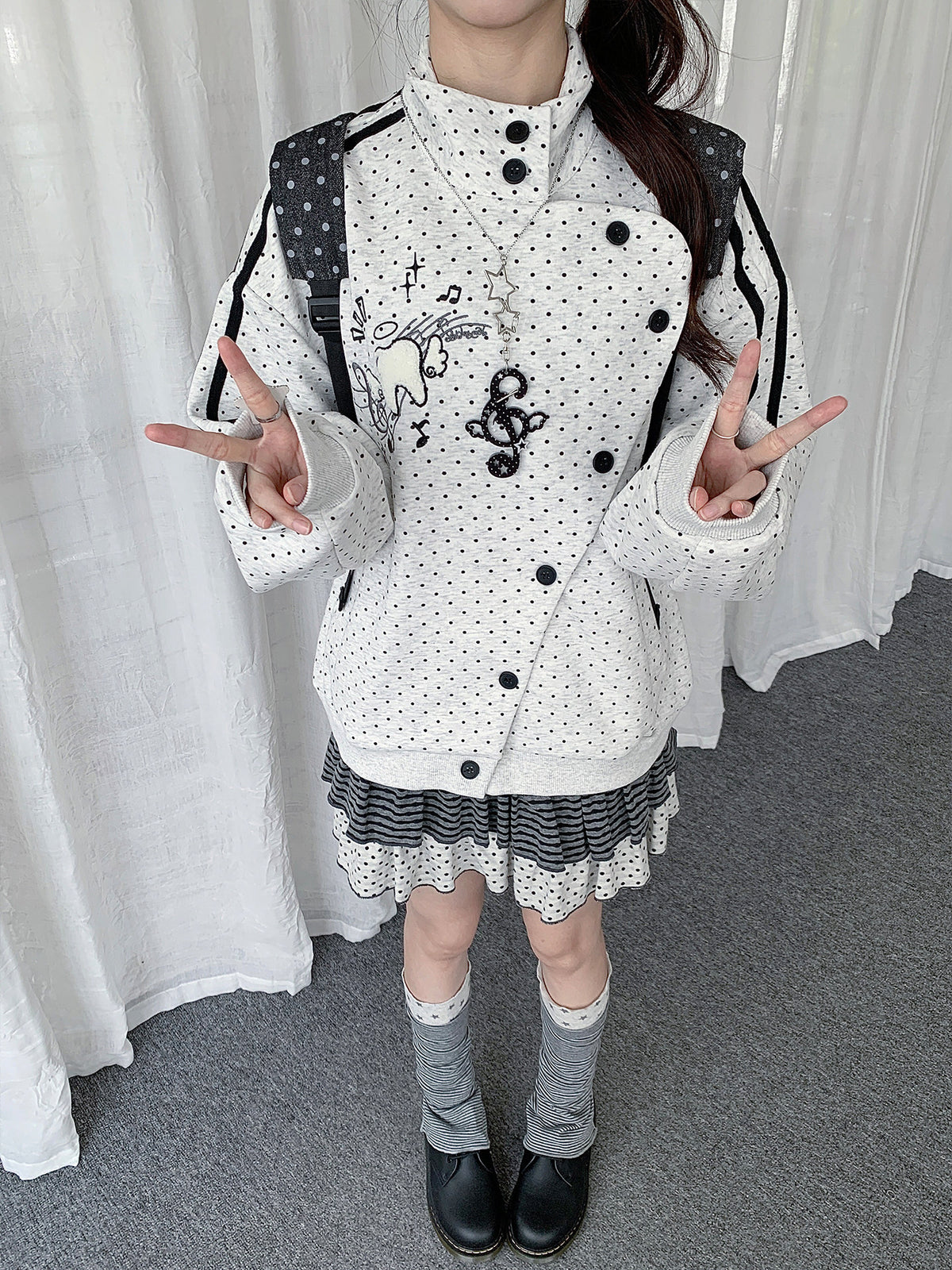 Polka Dot Asymmetric Button Track Jacket