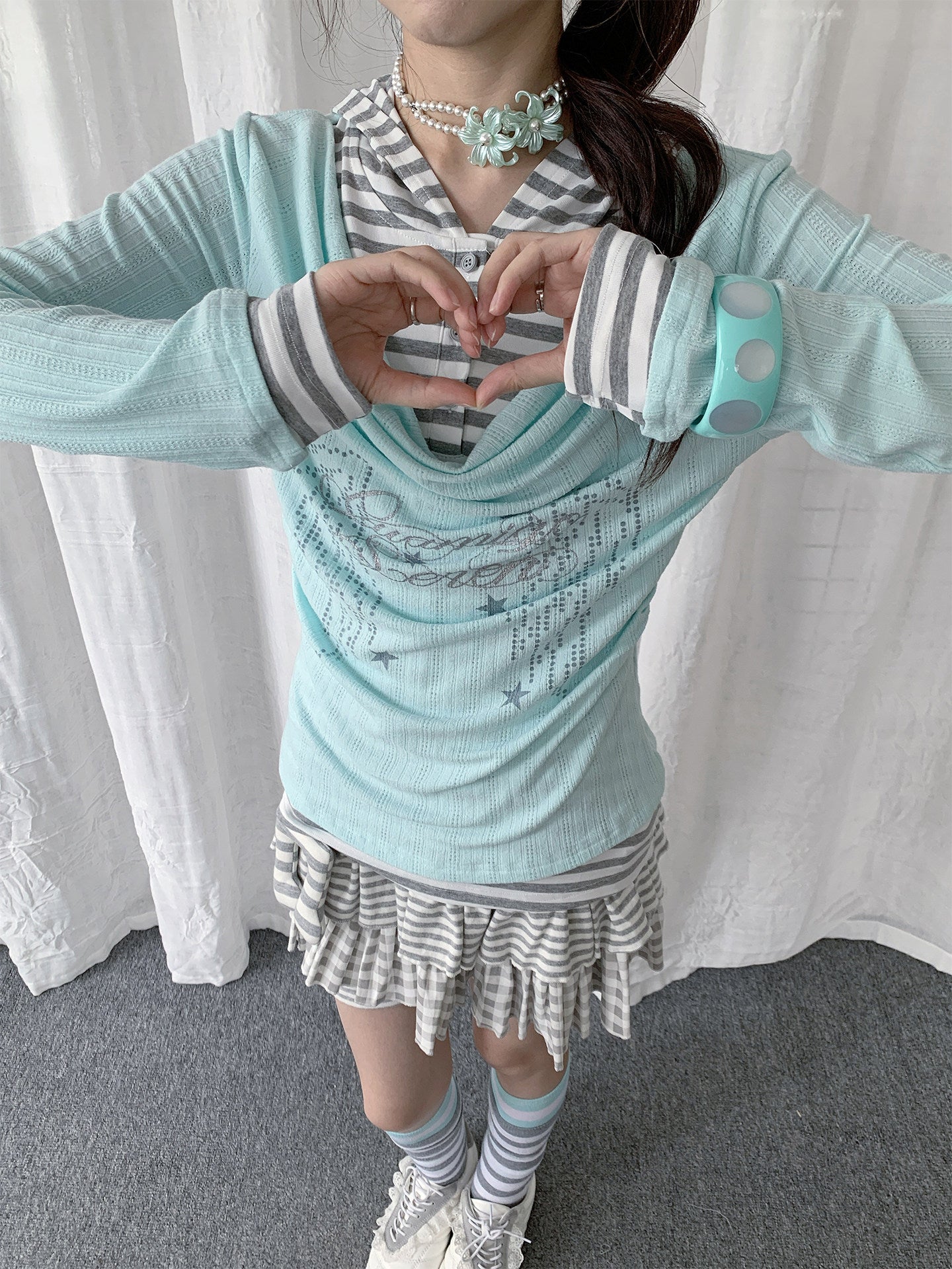 Draped Stripe-Collar Faux-Layer Long-Sleeve Top