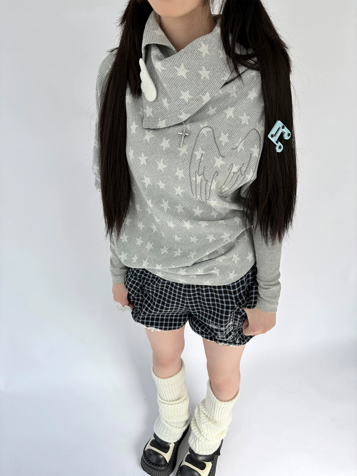 Asymmetric Star Drape Faux-Layer Long Sleeve Top