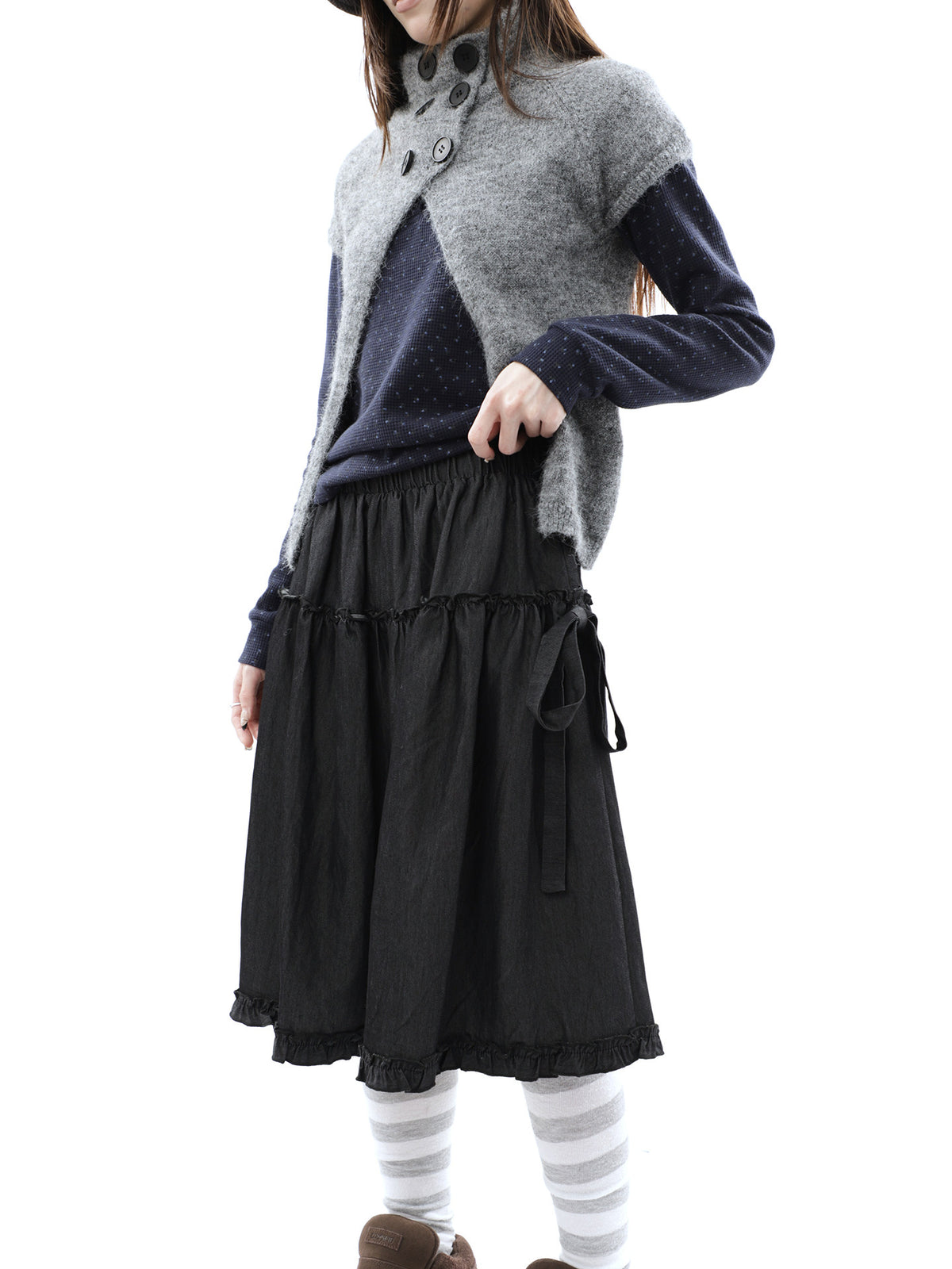 Washed Black Ruffle-Tiered Denim Midi Skirt
