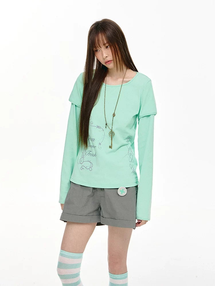 Mint Haze Faux-Layer Graphic Long Sleeve Top