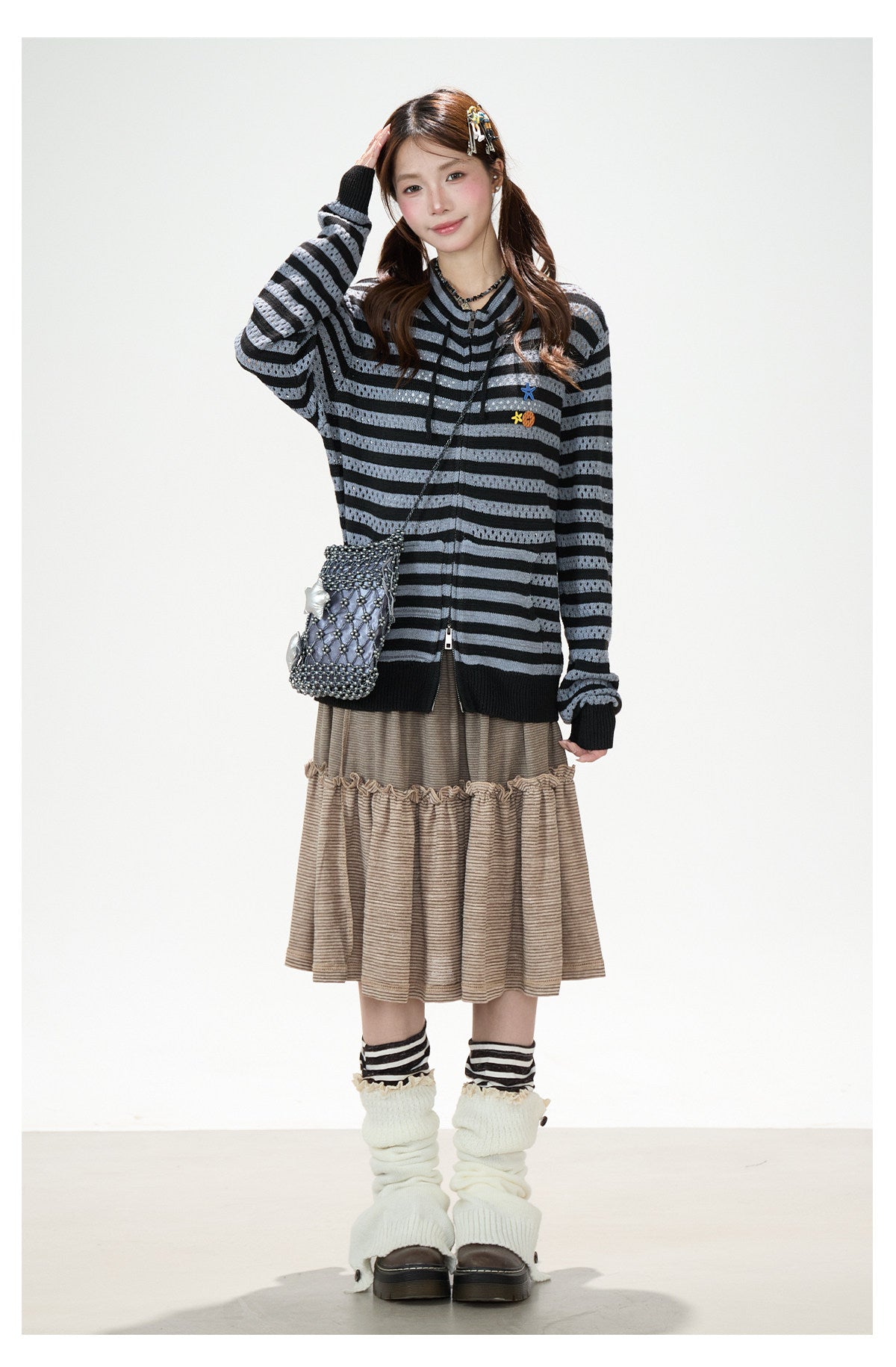 Striped Openwork Knit Cardigan & Black Polka-Dot Pleated Midi Skirt