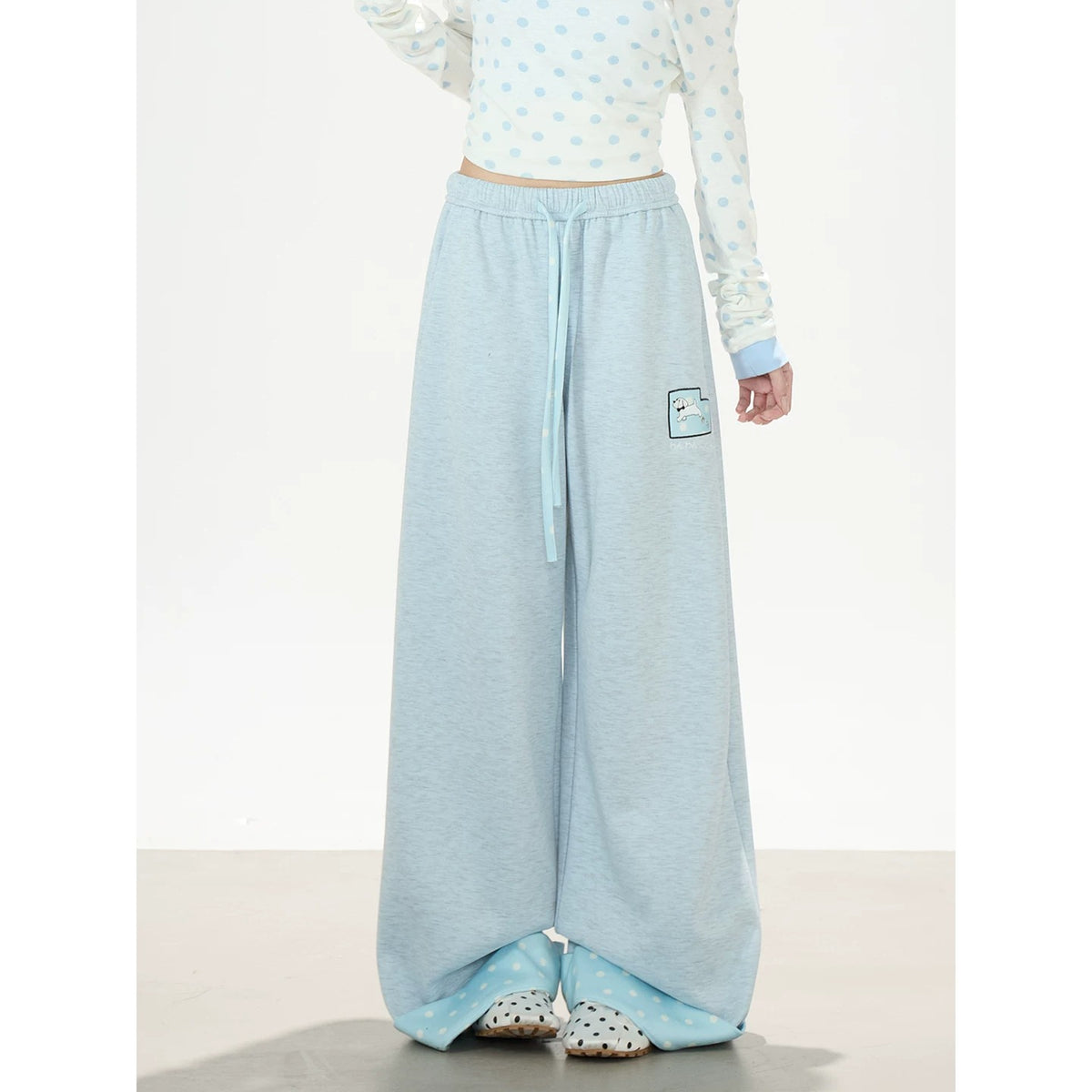 Polka-Dot Off-Shoulder Layered Long Sleeve Top & Blue Wide-Leg Pants