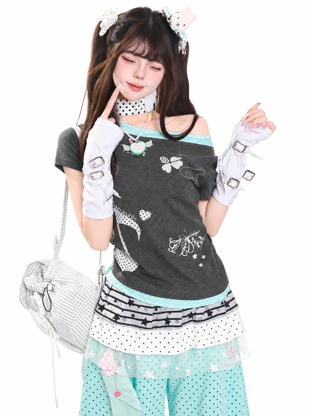 Music Note Faux-Layered Off-Shoulder Fitted Tee