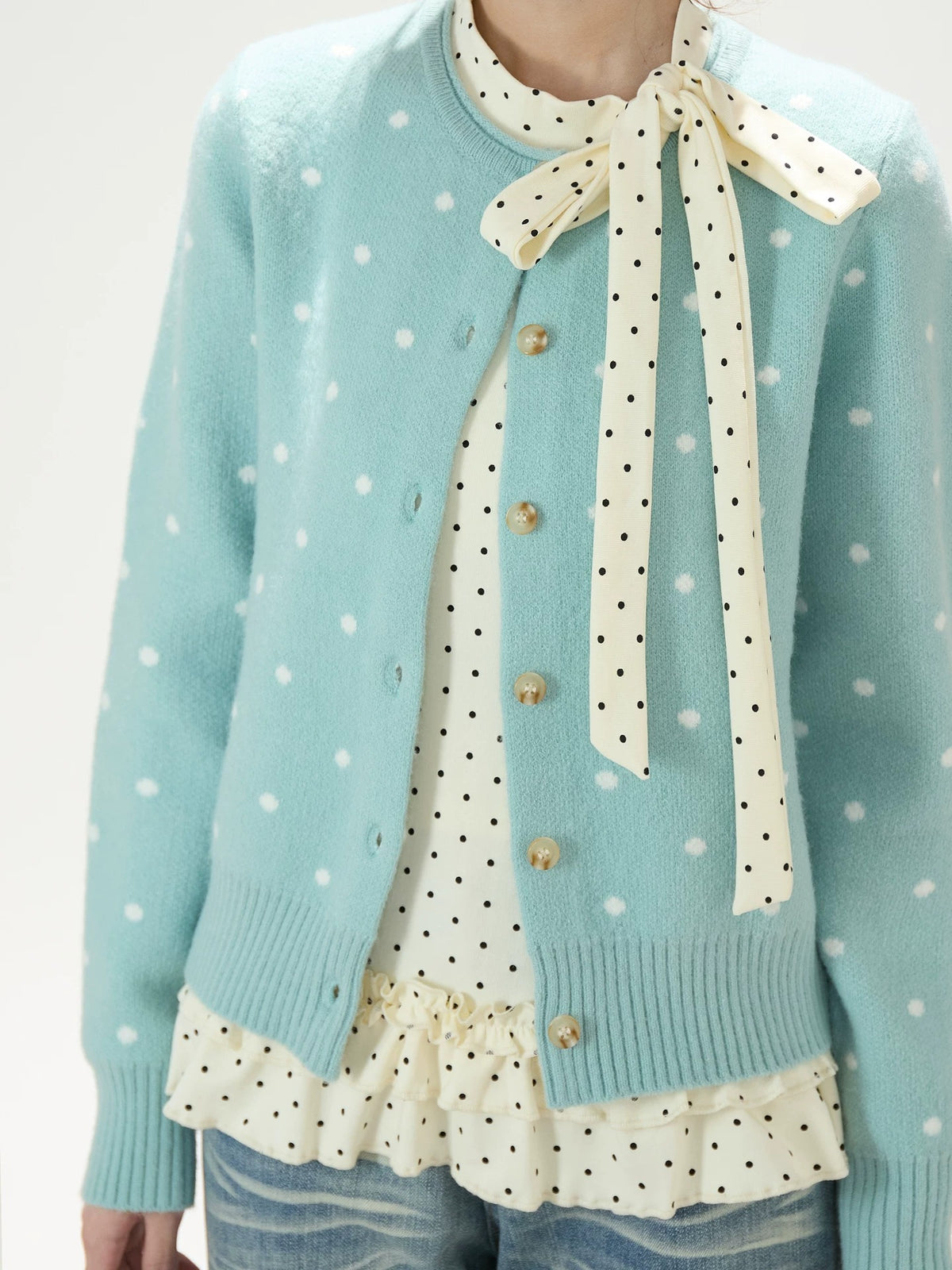 Polka-Dot Jacquard Knit Cardigan & Washed Flare Jeans