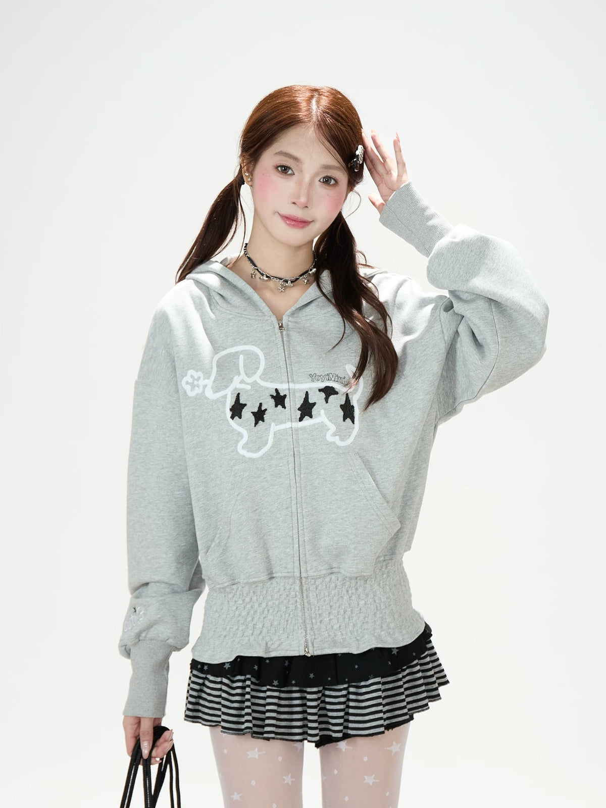 Star Puppy Zip-Up Hoodie & Black Stripe Ruffle Mini Skirt