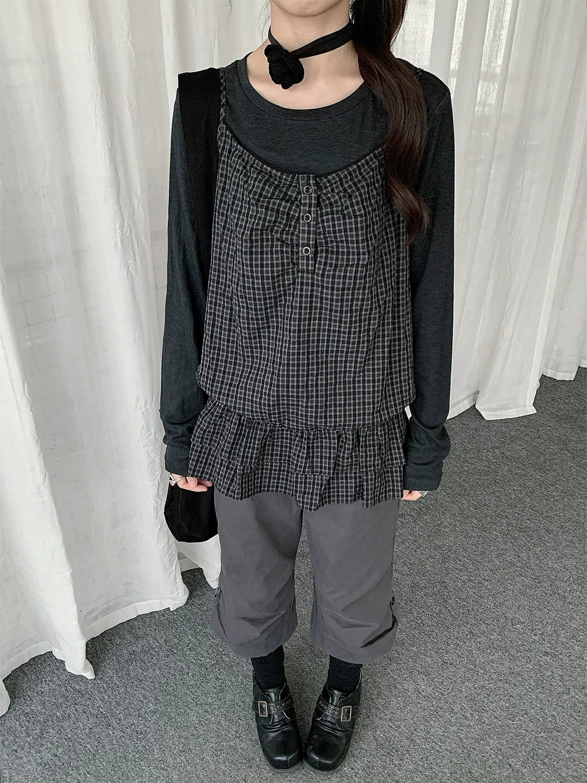 Plaid Cami & Long Sleeve Layered Two-Piece Top Set