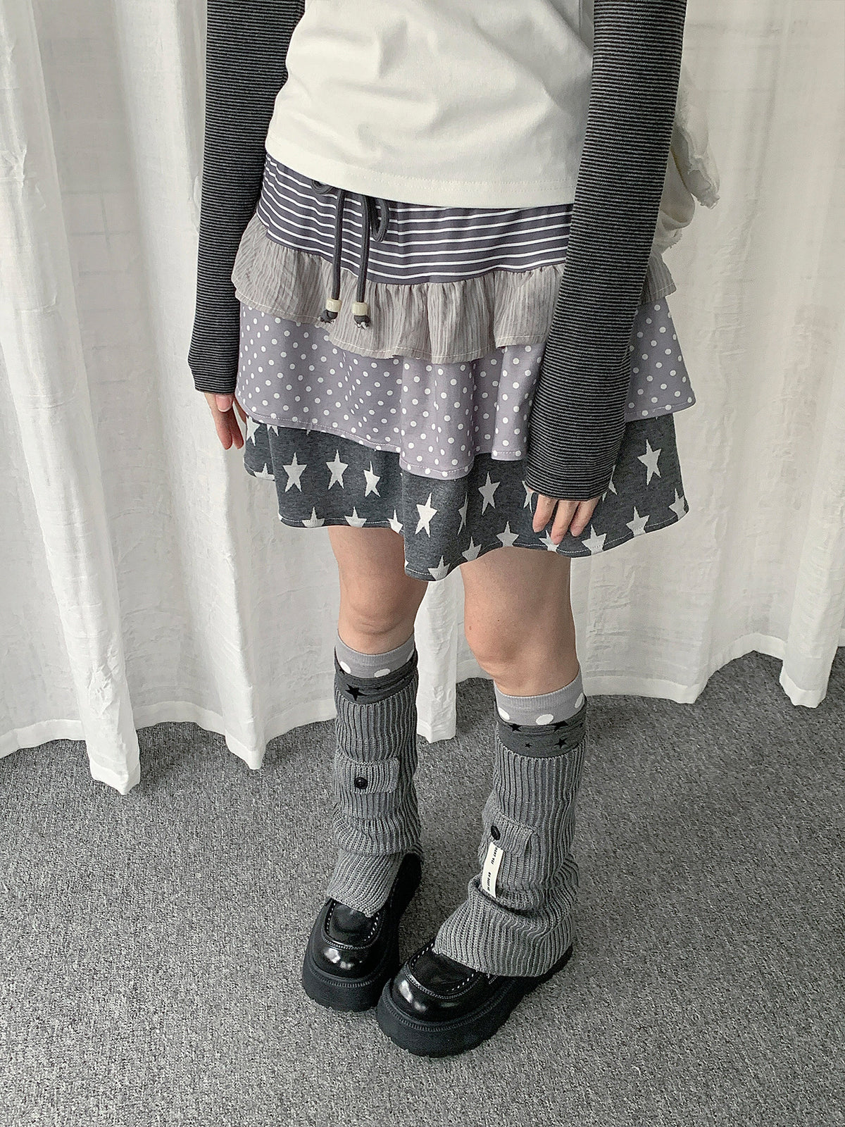 Star Polka Dot Stripe Tiered Mini Skirt