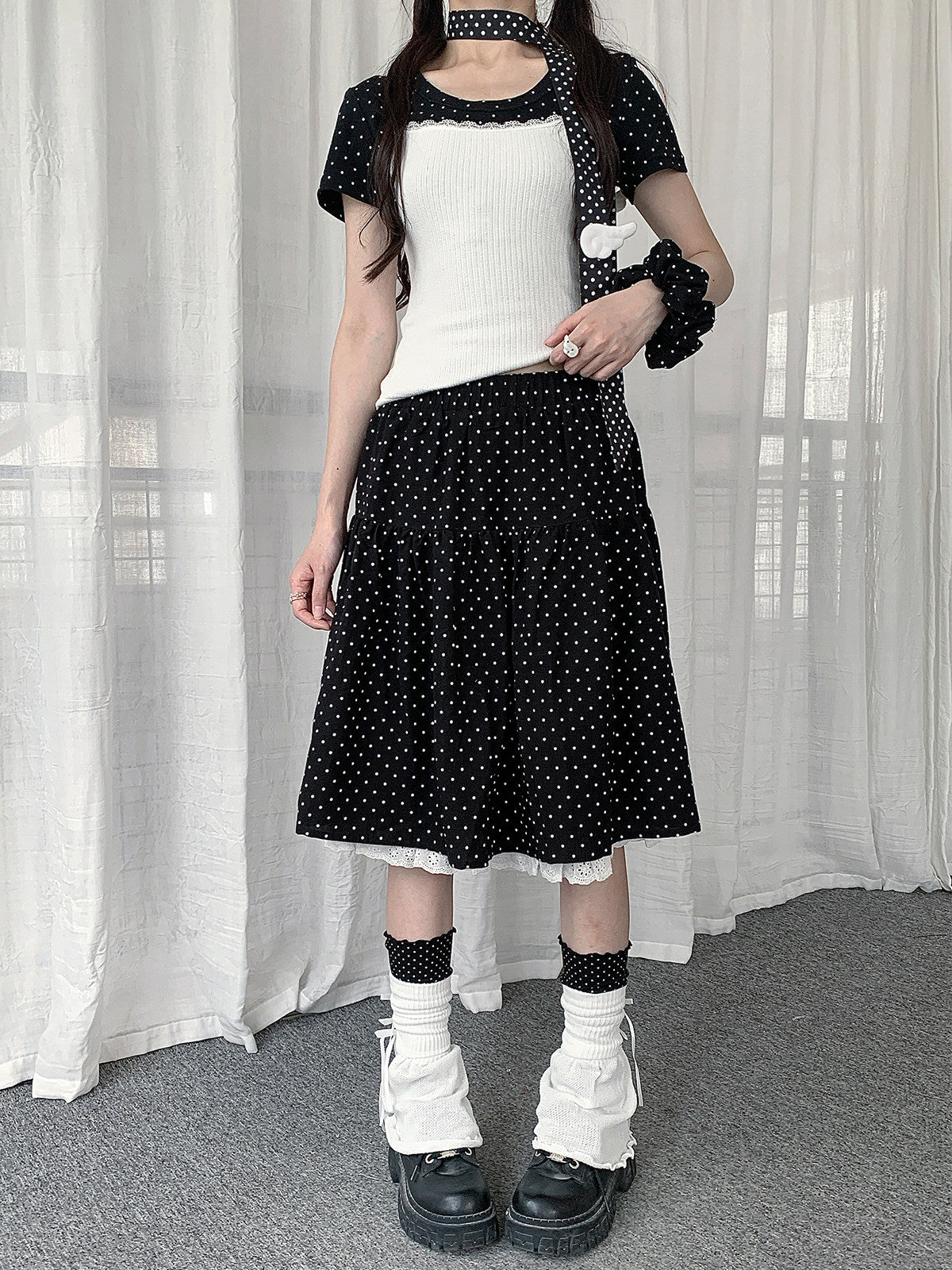 Black Polka Dot Lace-Trim Midi Skirt
