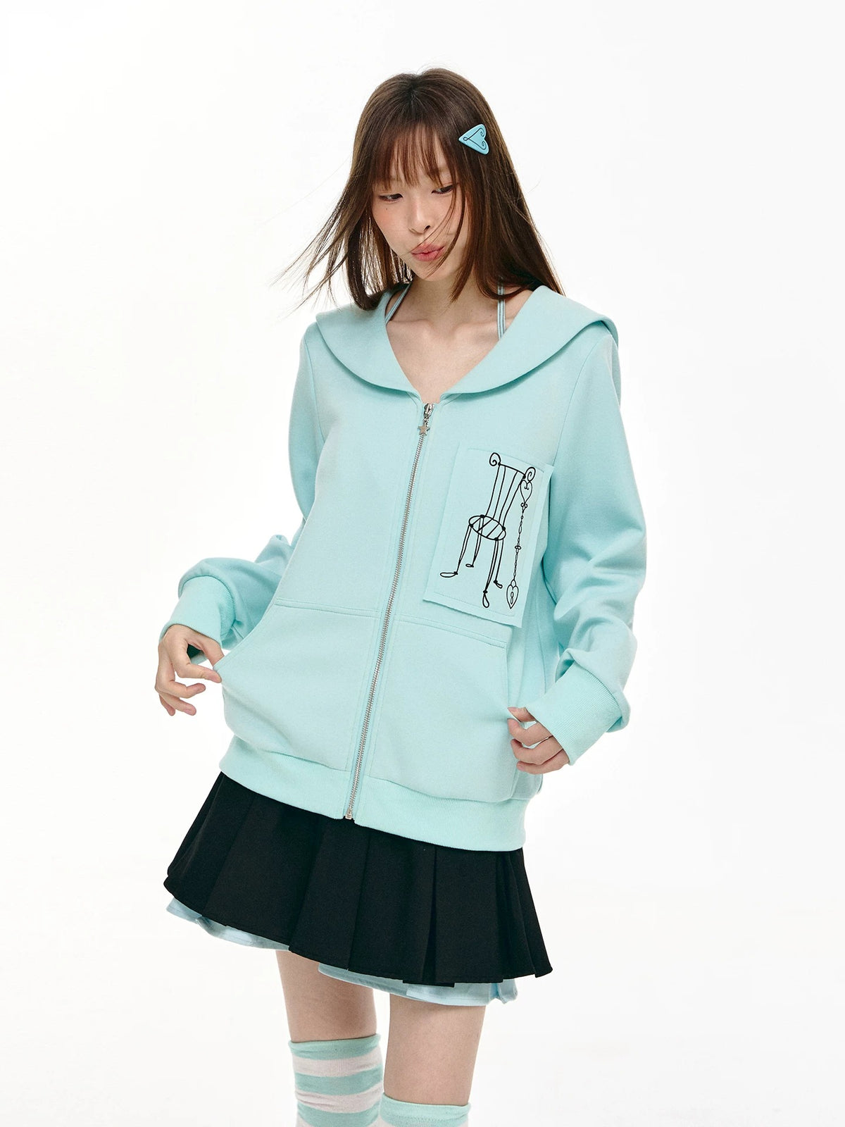 Mint Sailor-Collar Graphic Zip-Up Jacket