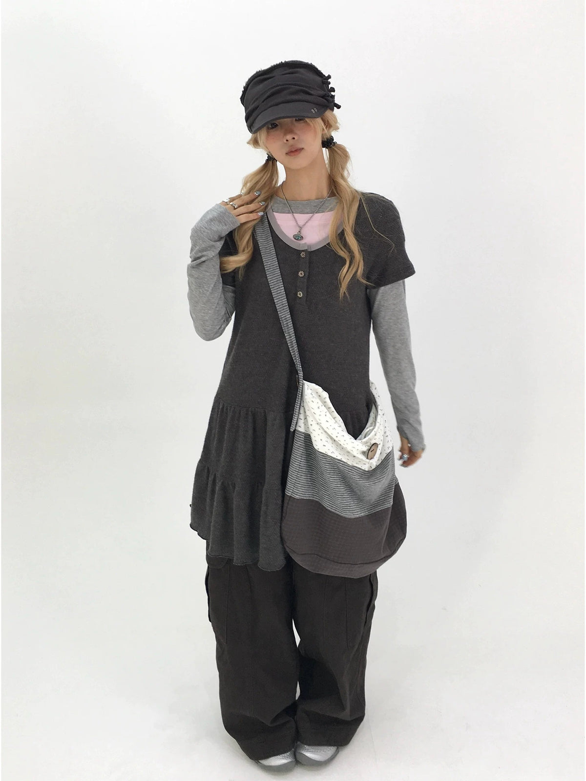 Washed Gray Tea Wide-Leg Cargo Pants