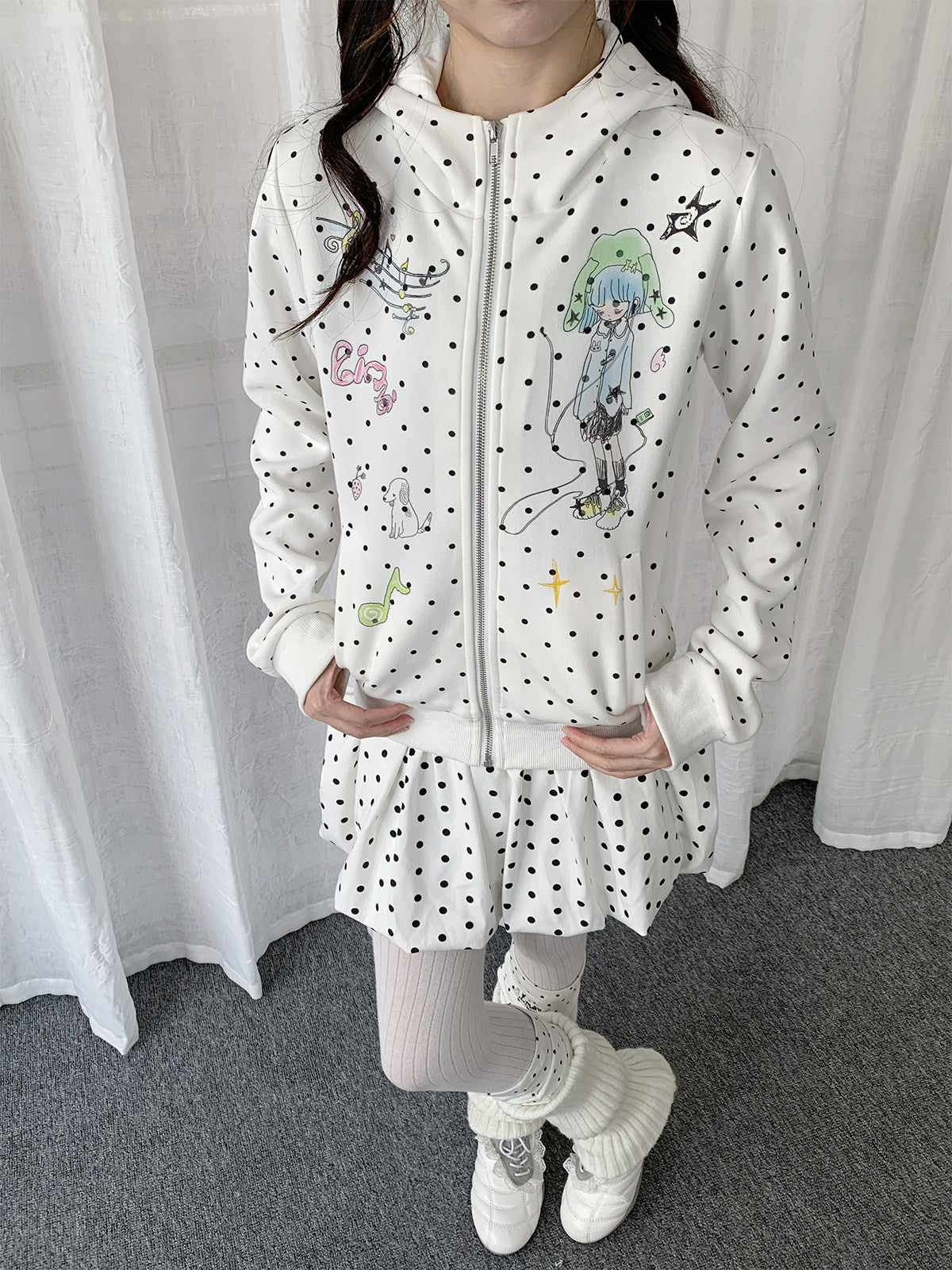 Polka Dot Devil-Horn Cartoon Girl Zip Hoodie