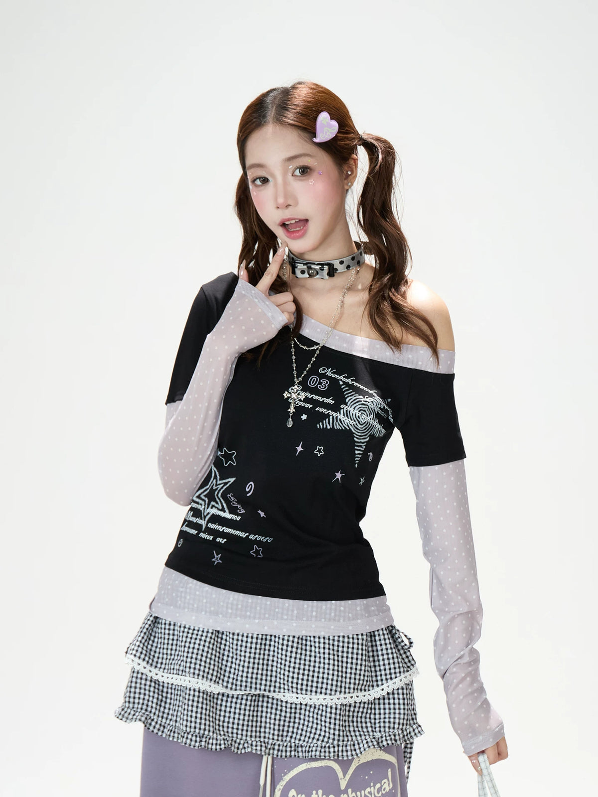 Star Polka-Dot Off-Shoulder Layered Long Sleeve Top & Music Note Star Wide-Leg Jeans