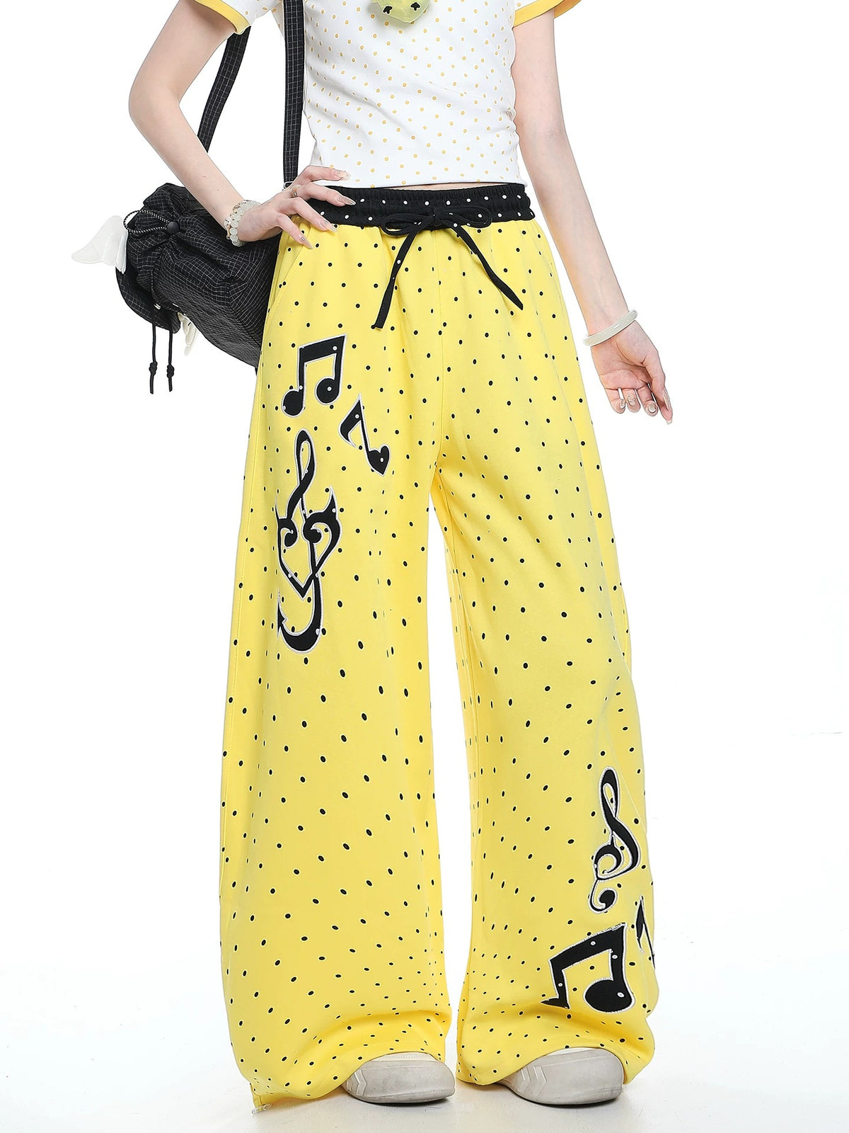 Polka-Dot Music Note Embroidered Wide-Leg Pants